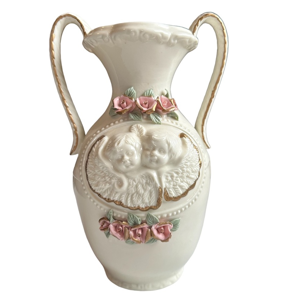 Vintage 2 Handled Vase with raised cherubs and roses on front, cherubs on back